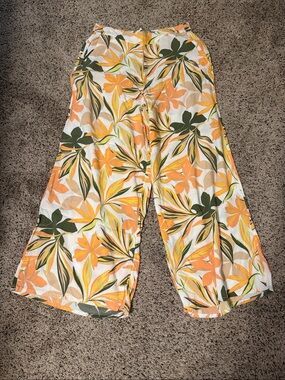 Roxy Floral Wide-Leg Pants in White, Orange & Green
